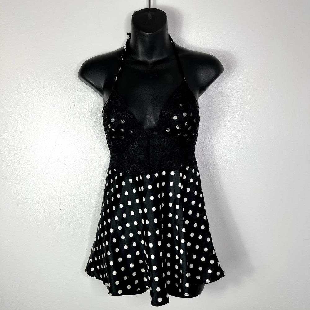 VICTORIA'S SECRET Black & White Polka Dot Halter Lingerie Gown Womens Small
